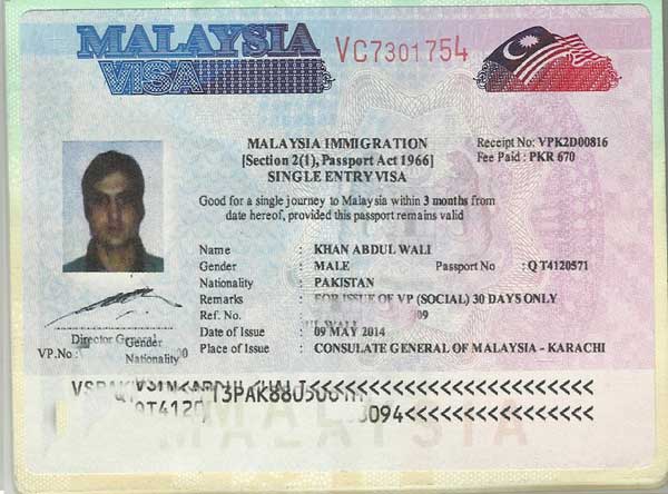 malaysia sticker visa on pakistani passport